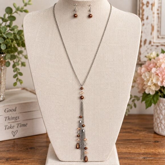 Jewelry - Silver Tone Tassel Necklace & Earrings Set, Copper Tone Beads, Boho Jewelry